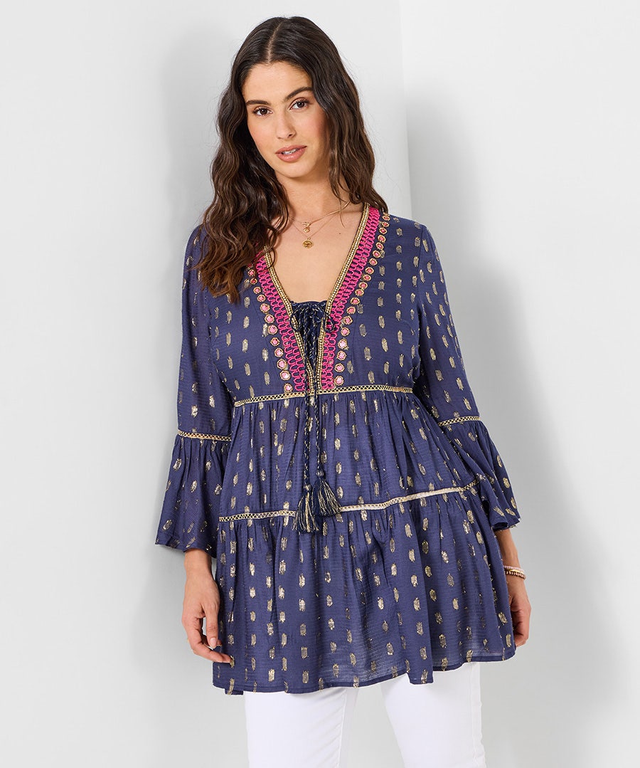 Women's Festival Vibes Beaded Tunic Dress - Size - Blue - by Joe Browns