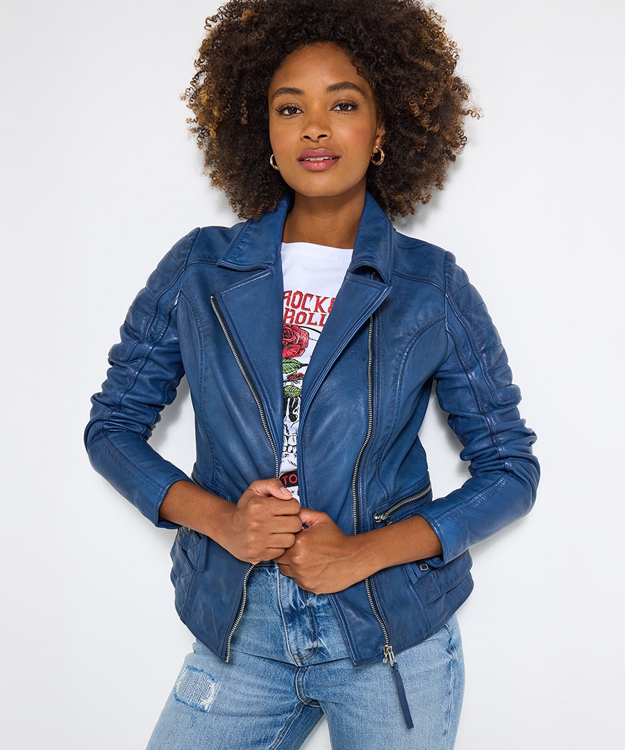 Women's Leather Collared Biker Jacket - Size - Blue - by Joe Browns