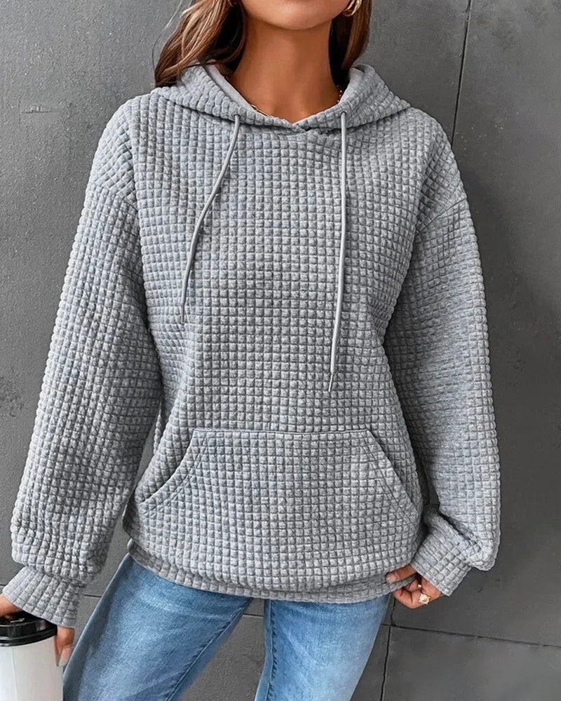 Zeagoo Casual Long Sleeve Waffle Hoodie Drawstring Pullover Sweatshirts Crop Top with Pockets - Grey