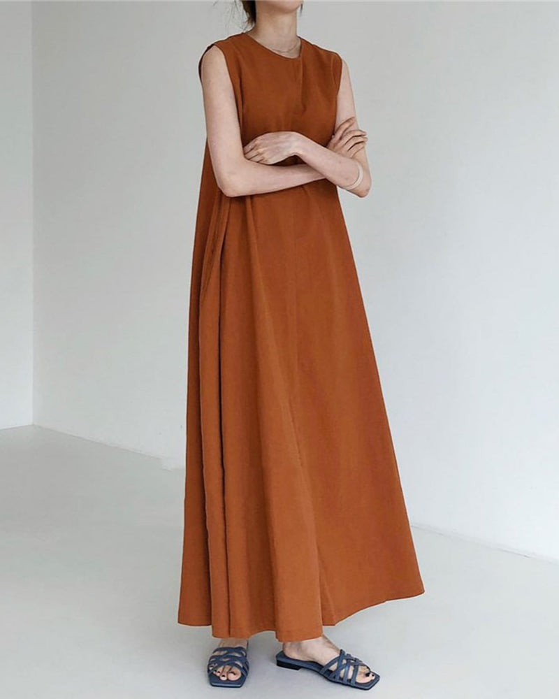 Loose Cotton Linen Dress Long Sleeveless Knee Tank Dress - Brown