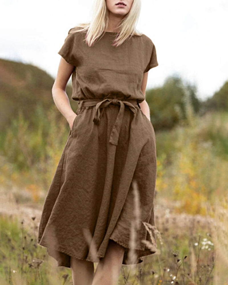 Solid Color A-Line Short Sleeve Crew Neck Dress With Belt - Brown L-