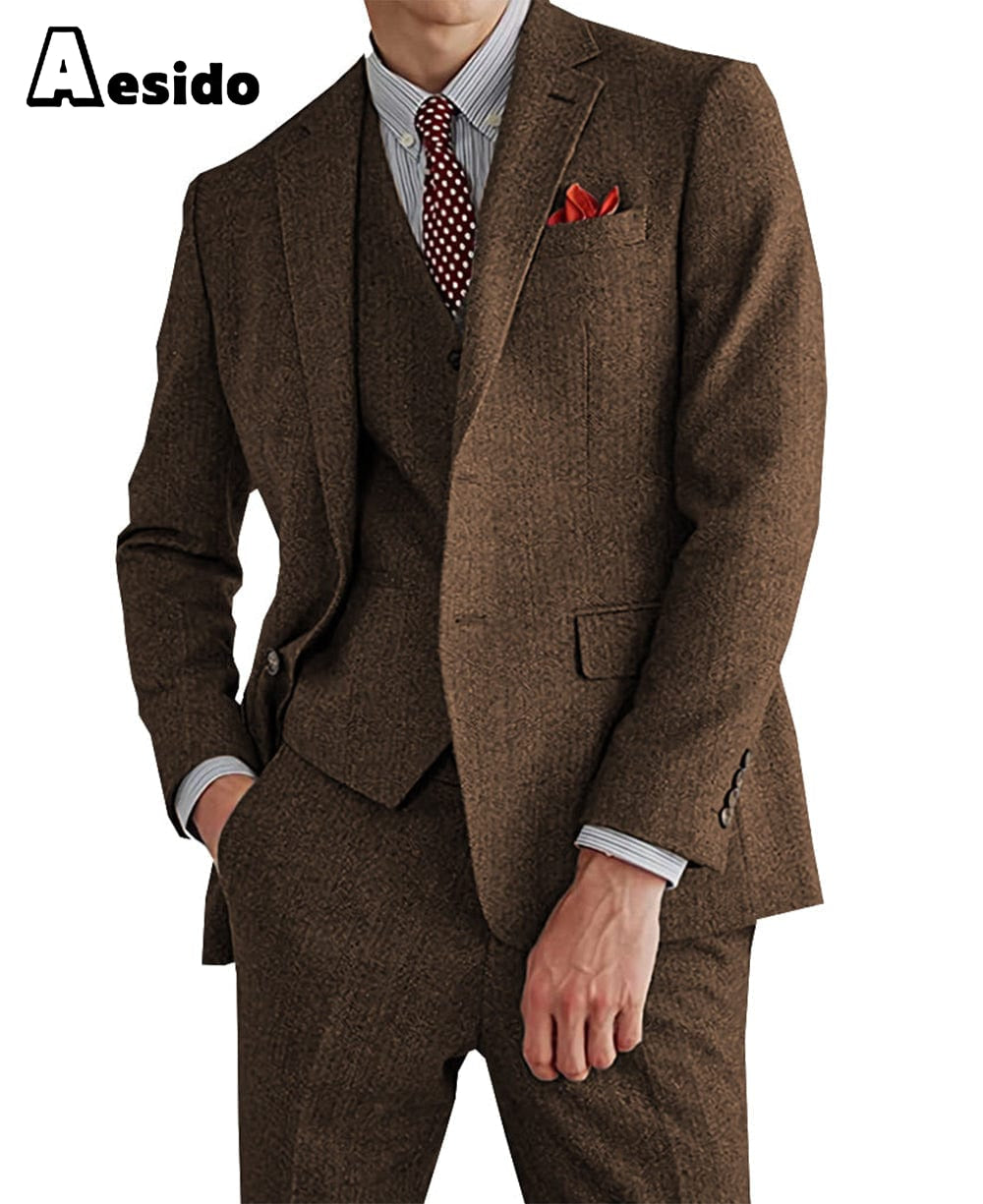 Aesido Pieces Mens Suit For Wedding Blazer+Vest+Pants - Brown R