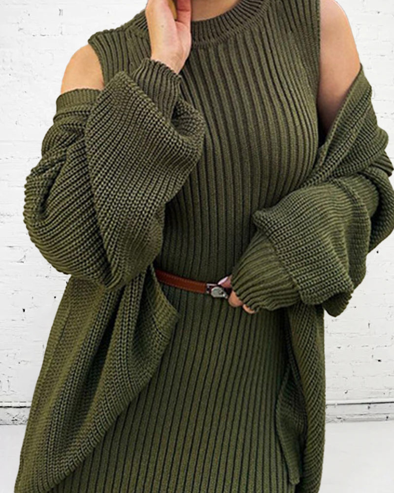 Lazy Style Knitted Sweater Long Dress & Cardigan Two-piece Sets - Green S