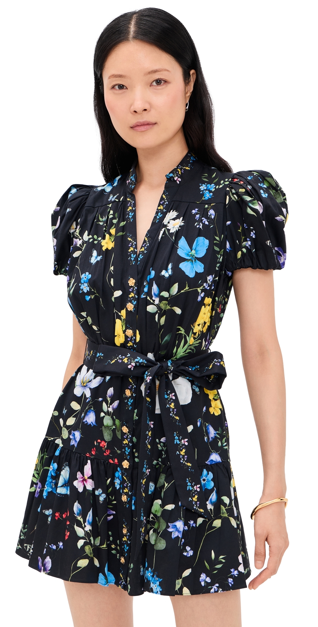 ALICE + OLIVIA Cora Short Sleeve Tiered Mini Shirt Dress TWISTING VINES BLACK