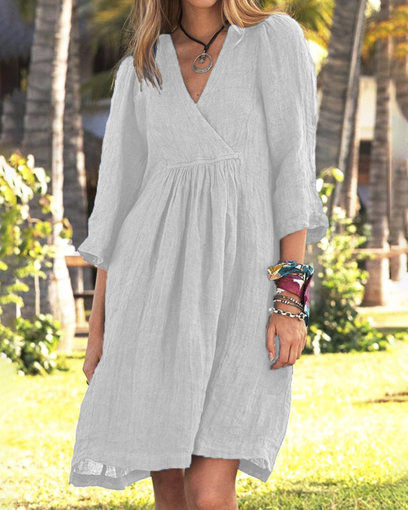 Solid Color Loose V-neck Sleeve Loose Mid Linen Dress - White