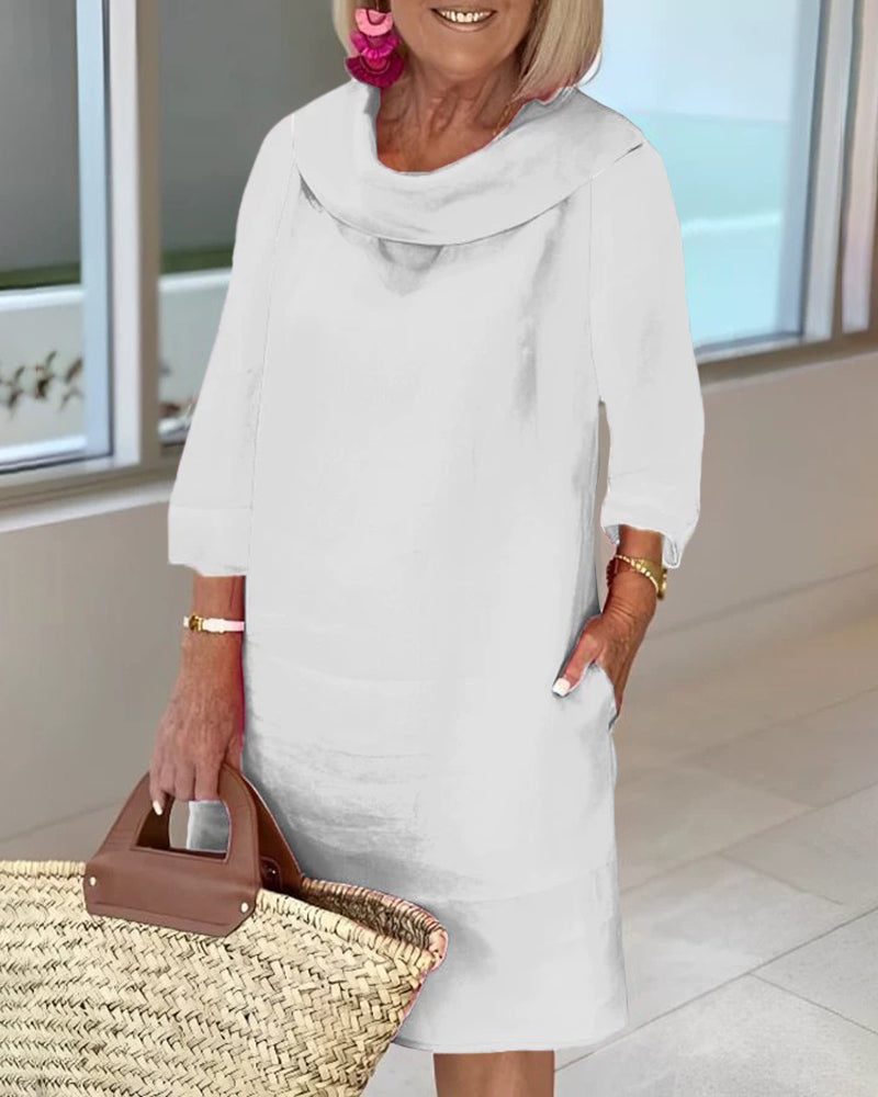 Stitching Round Neck Casual Style Solid Color Long Sleeve Dress - White S-
