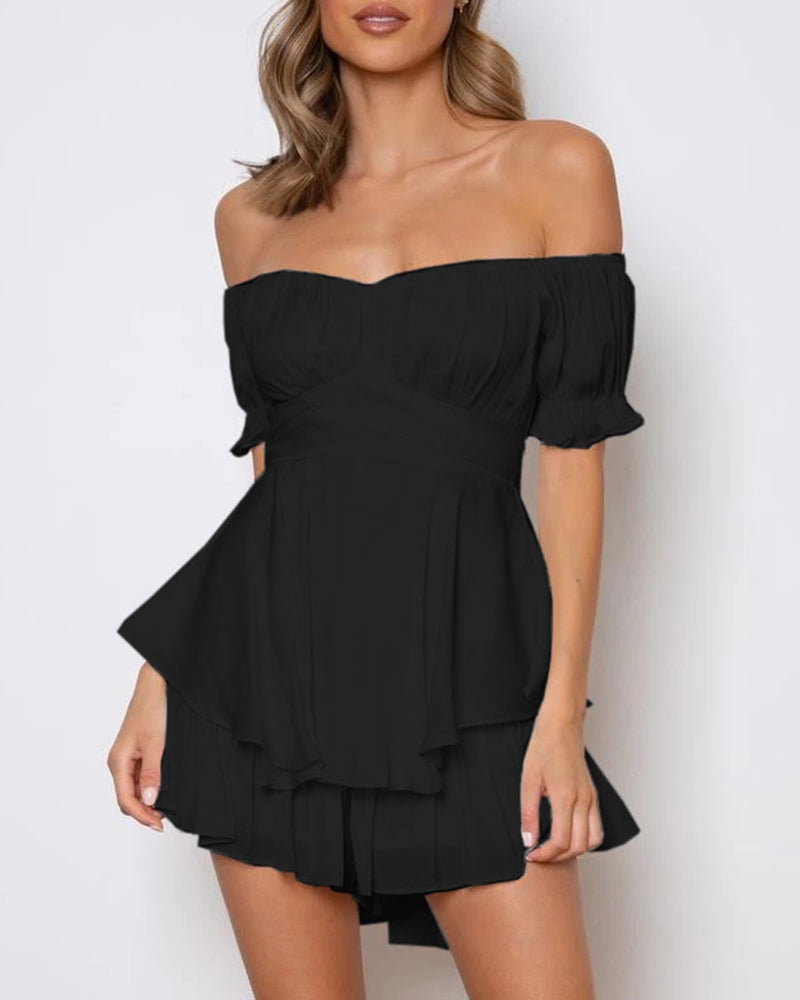 Off Shoulder Mini Rompers Solid Ruffle Hem Shorts Jumpsuit Dress - Black S