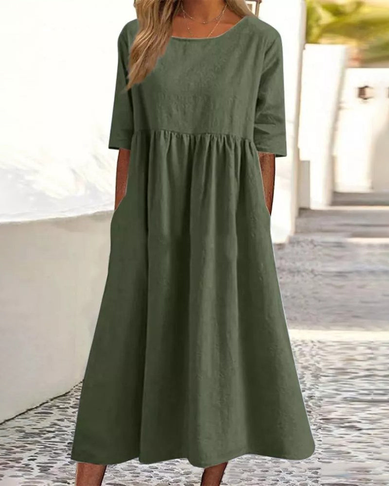 Zeagoo Women's Beach Short Sleeve Scoop Neck Ruffle Swing Casual Boho Midi Dress with Pockets - Green