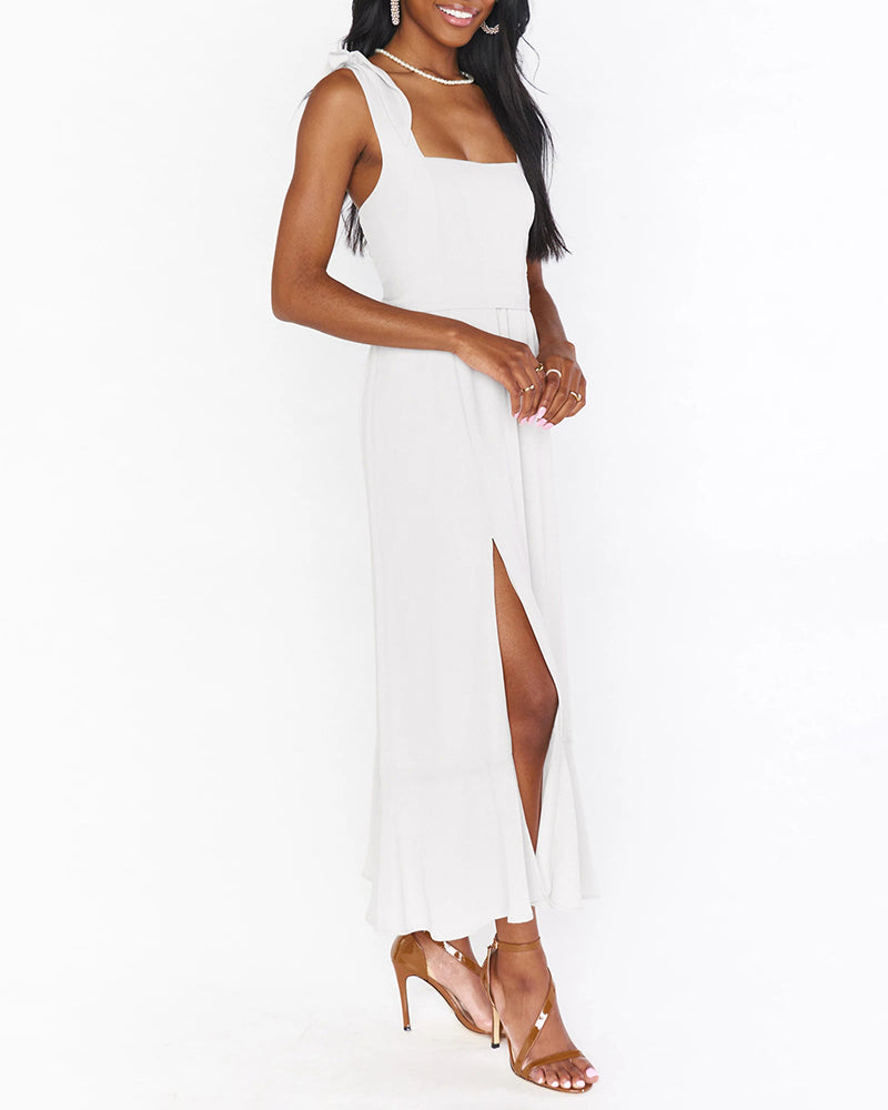 Tie-straps Ruffled Square Collar Sleeveless Slit Mid-length Dress - White S