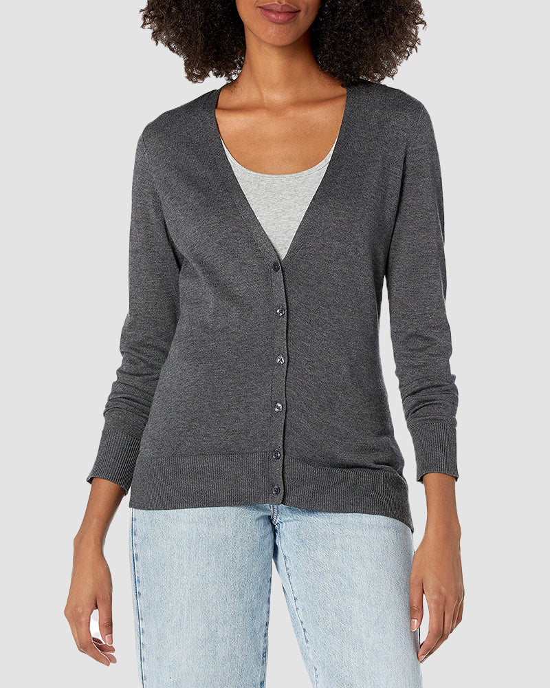 Long Sleeve Choker Top Lightweight Vee Cardigan Sweater - Dark Grey