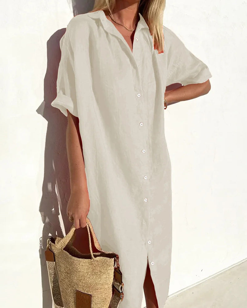 Turn-Down Collar Short Sleeve Single Breasted Loose Shirt Dress Solid Color Summer Beach Dresses - Beige S