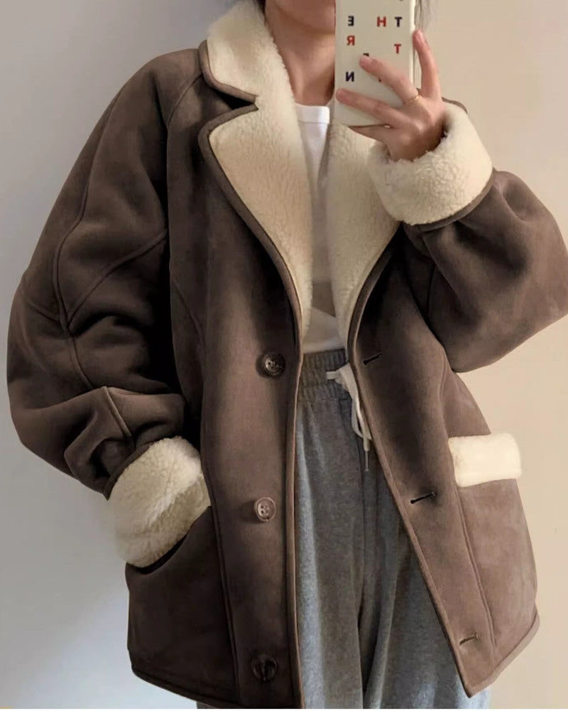 Lamb Wool Jackets Turn-down Collar Loose Fur Coat - Coffee M
