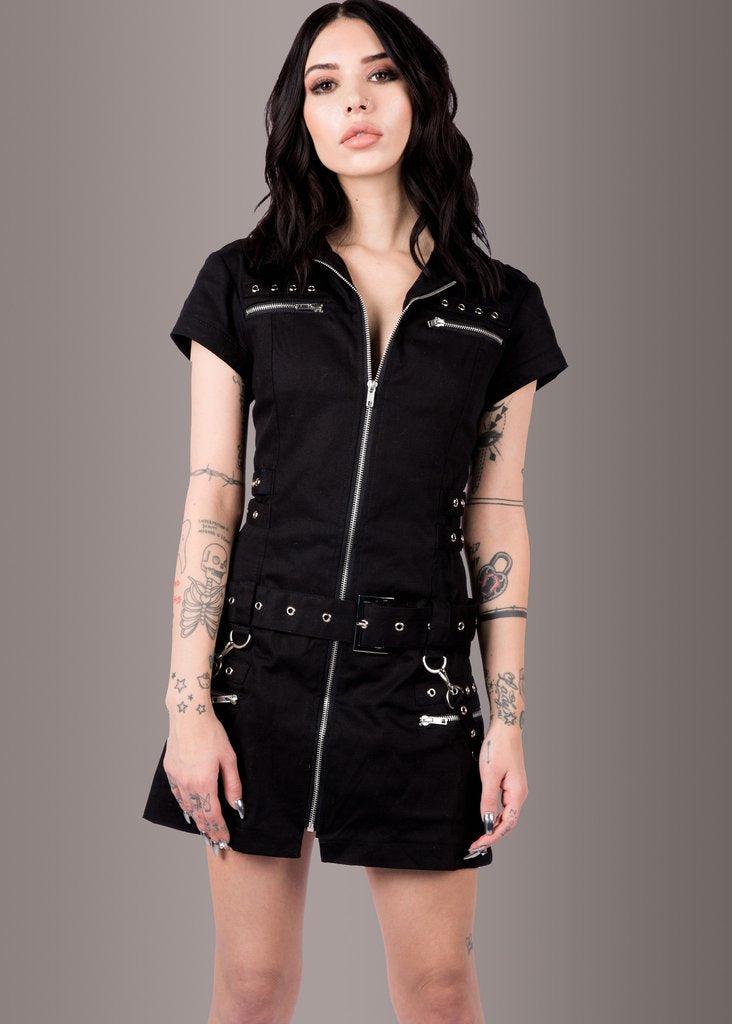 Macabre Heartdrop Goth Mini Dress with Buckles and Lacing - M Black