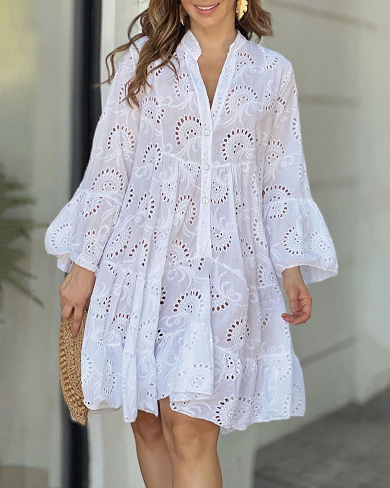 Loose Vintage Solid Color Hollow Out Lace Dress V-Neck Flare Sleeve Embroidery Mini Dress - White M