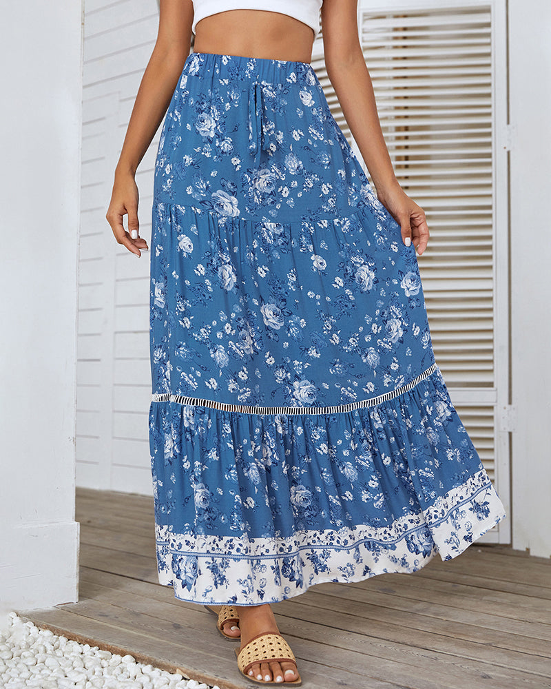 Zeagoo Women's Bohemian Floral Skirt Elastic High Waist A- Line Tiered Flowy Beach Maxi Skirt - Blue S