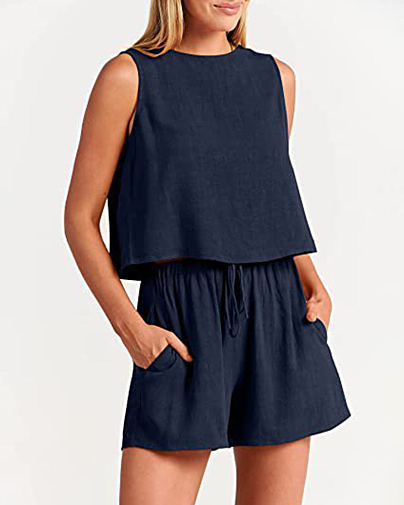 Zeagoo Piece Outfits Sets Sleeveless Crop Top Tank Shorts Sets - Navy blue