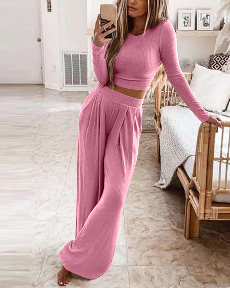 Two Pieces Sets Long Sleeve Crop Thread Top Casual High Waist Wide Leg Pants - Pink