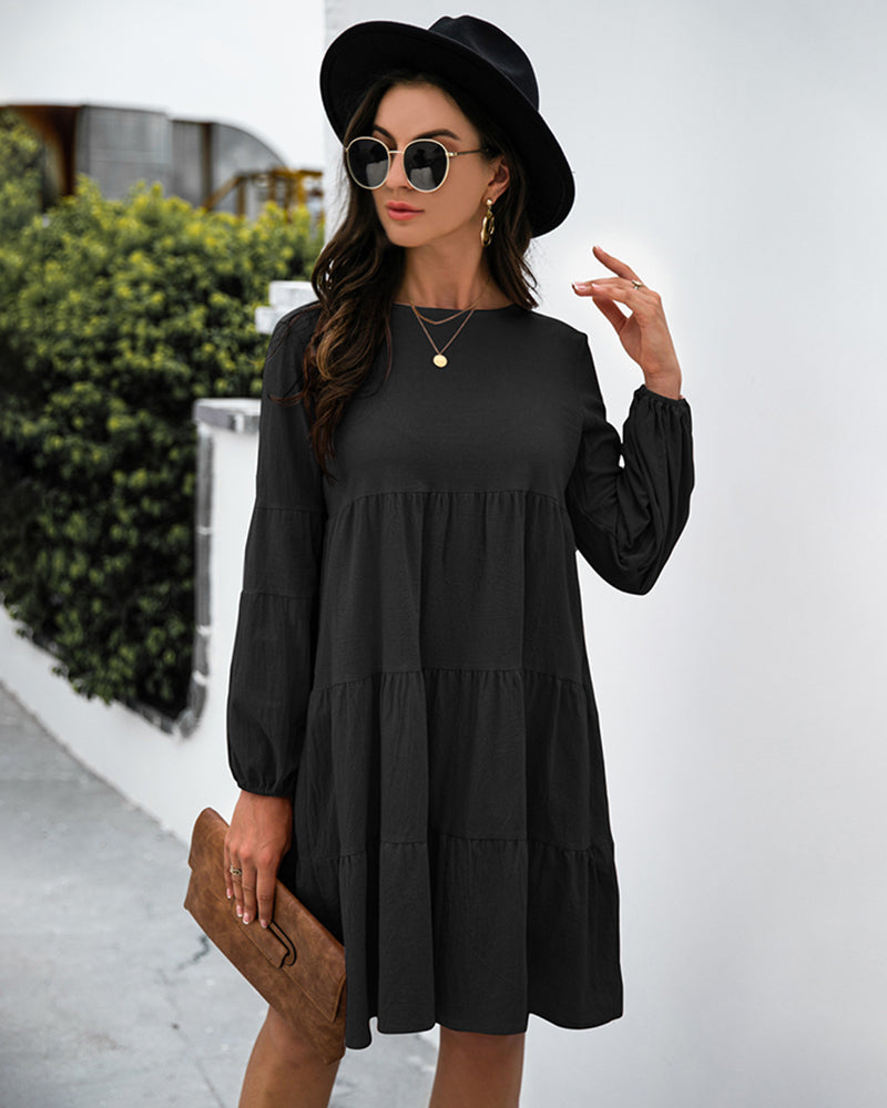 Long Puff Sleeve Shirt Dress Casual Crewneck Loose Fit Sundress Trendy Tiered Layer Summer Mini Dresses - Black L-