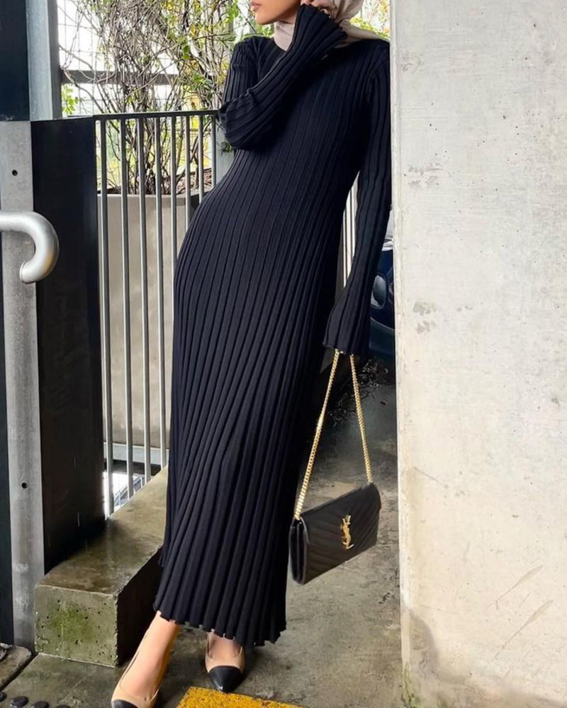 Long Sleeve Dress Crew-Neck Knit Maxi Dress Ribbed Elegant Long High Waist Pleated Dresses - Black S