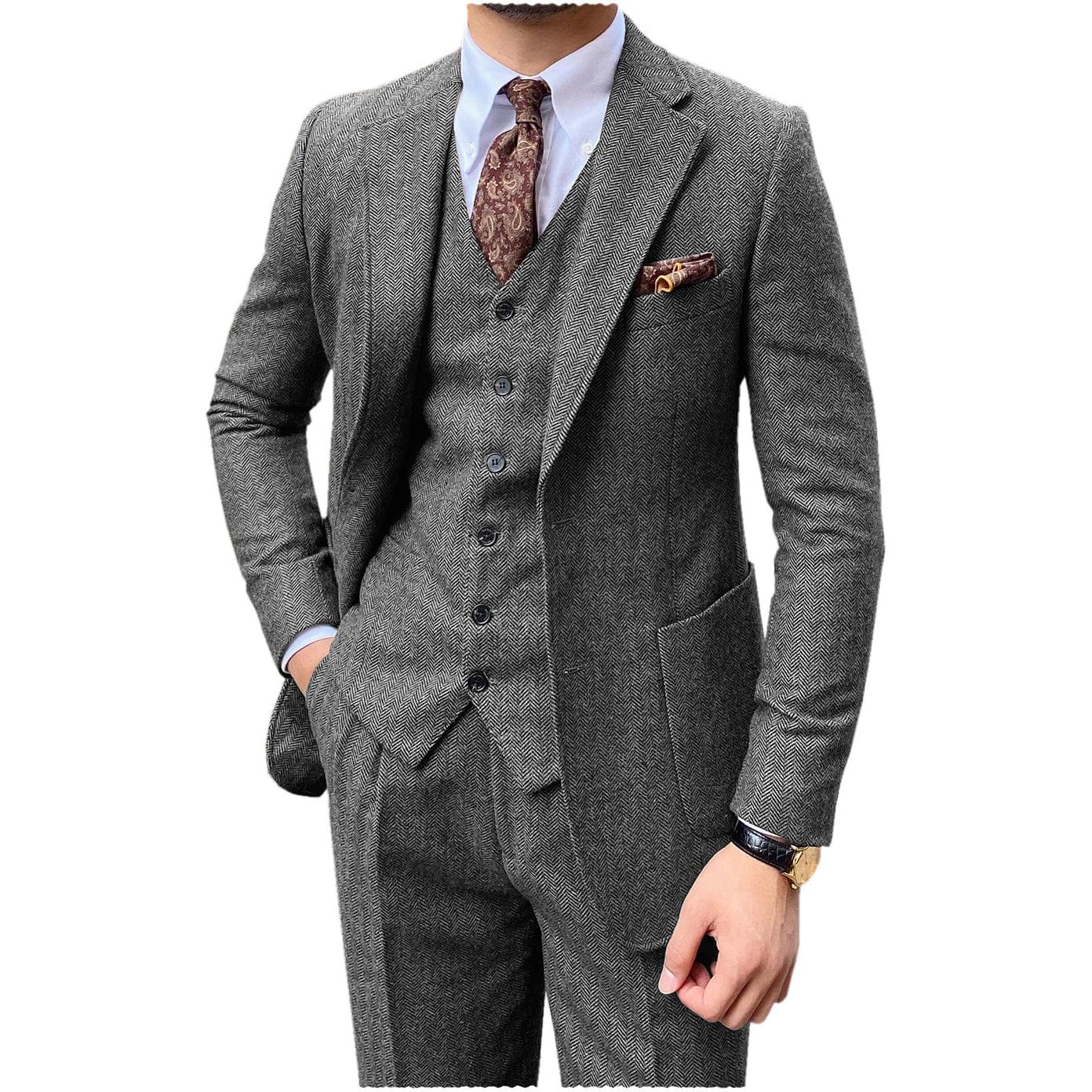 Ceehuteey Piece Mens Suit Herringbone Notch Lapel Suits Blazer+Vest+Pants - Grey R
