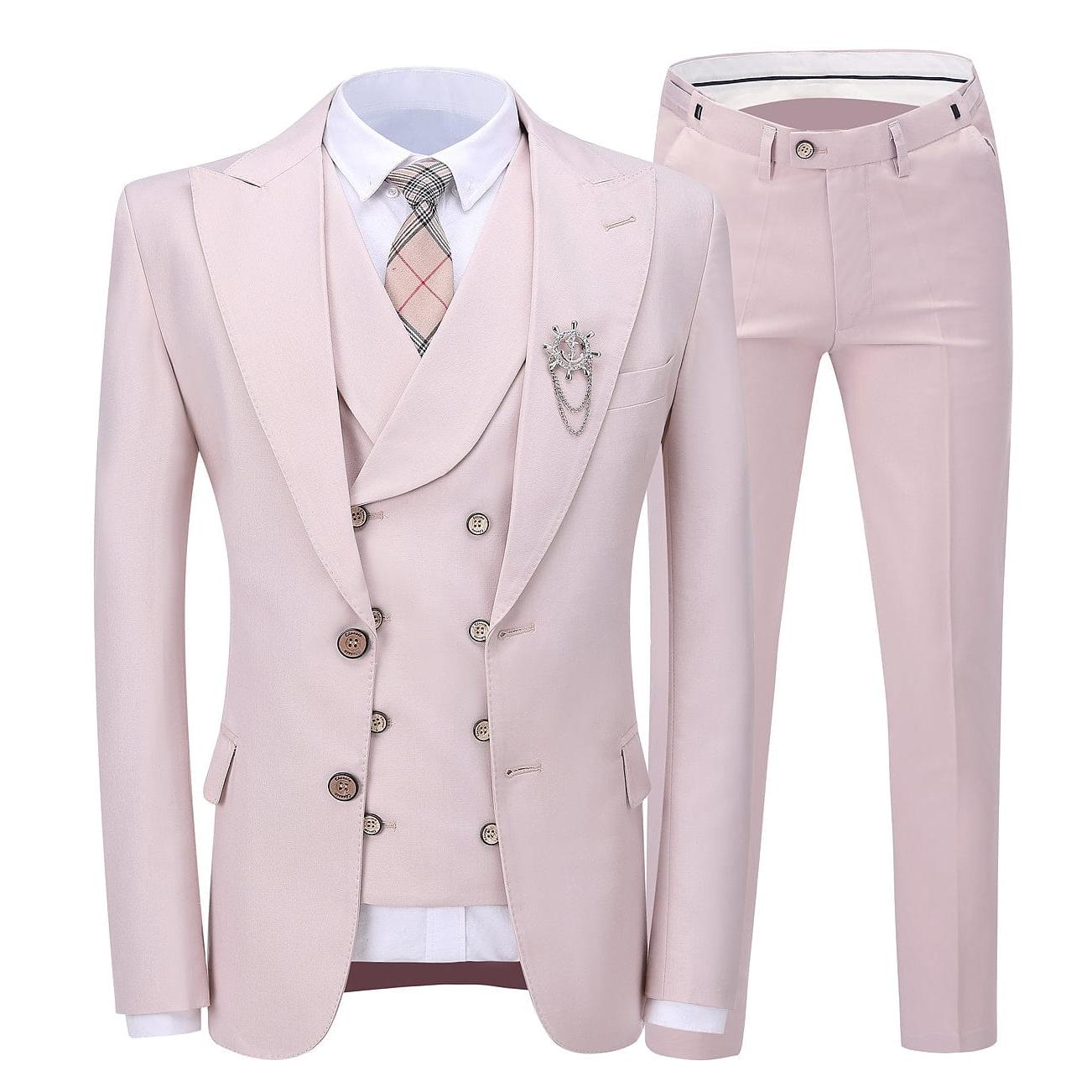 Ceehuteey Pieces Mens Suit Peak Lapel Blazer Blazer+Vest+Pants - Pink R