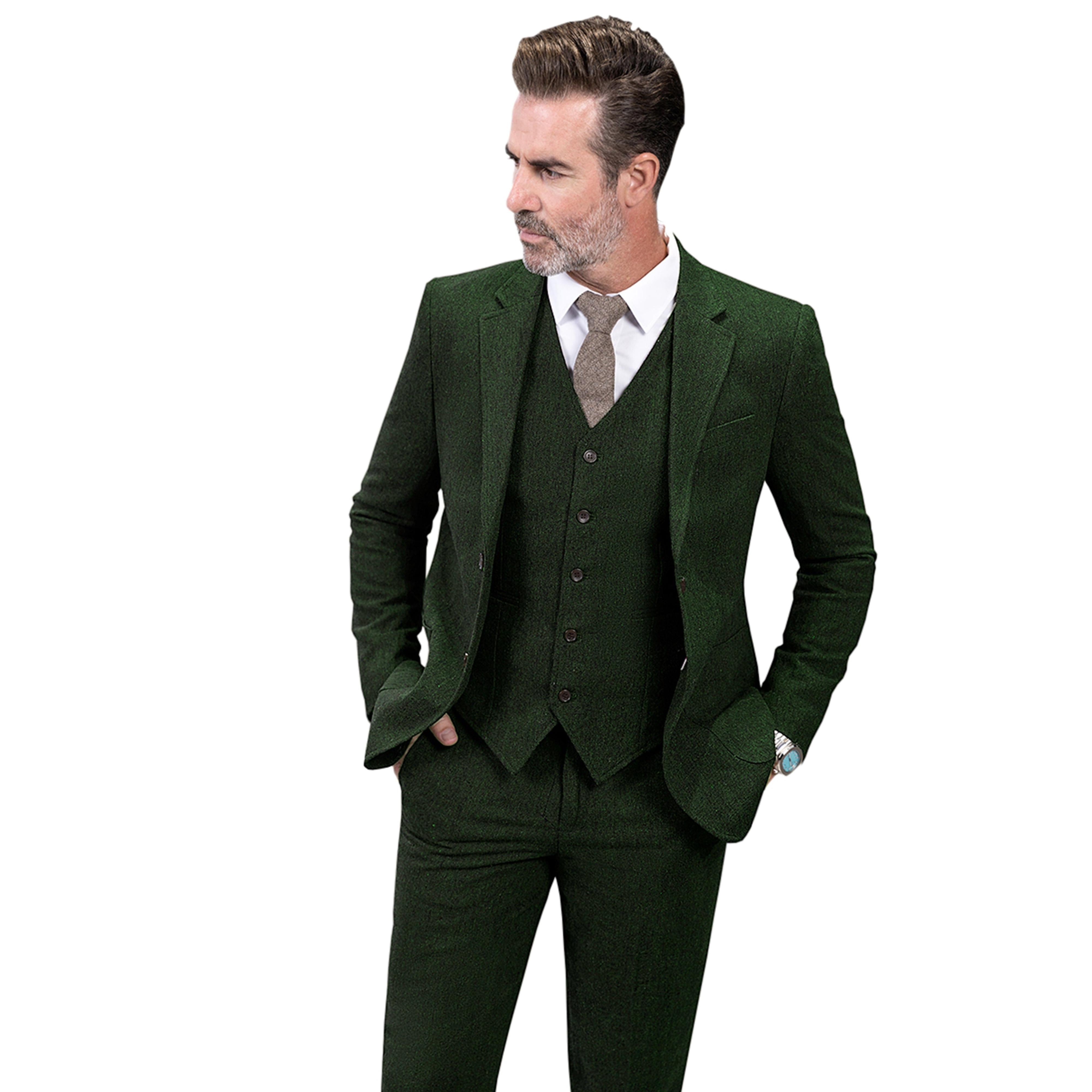 Ceehuteey Pieces Mens Suit Herringbone Flat Suit Blazer+Vest+Pants - Hunt Green R