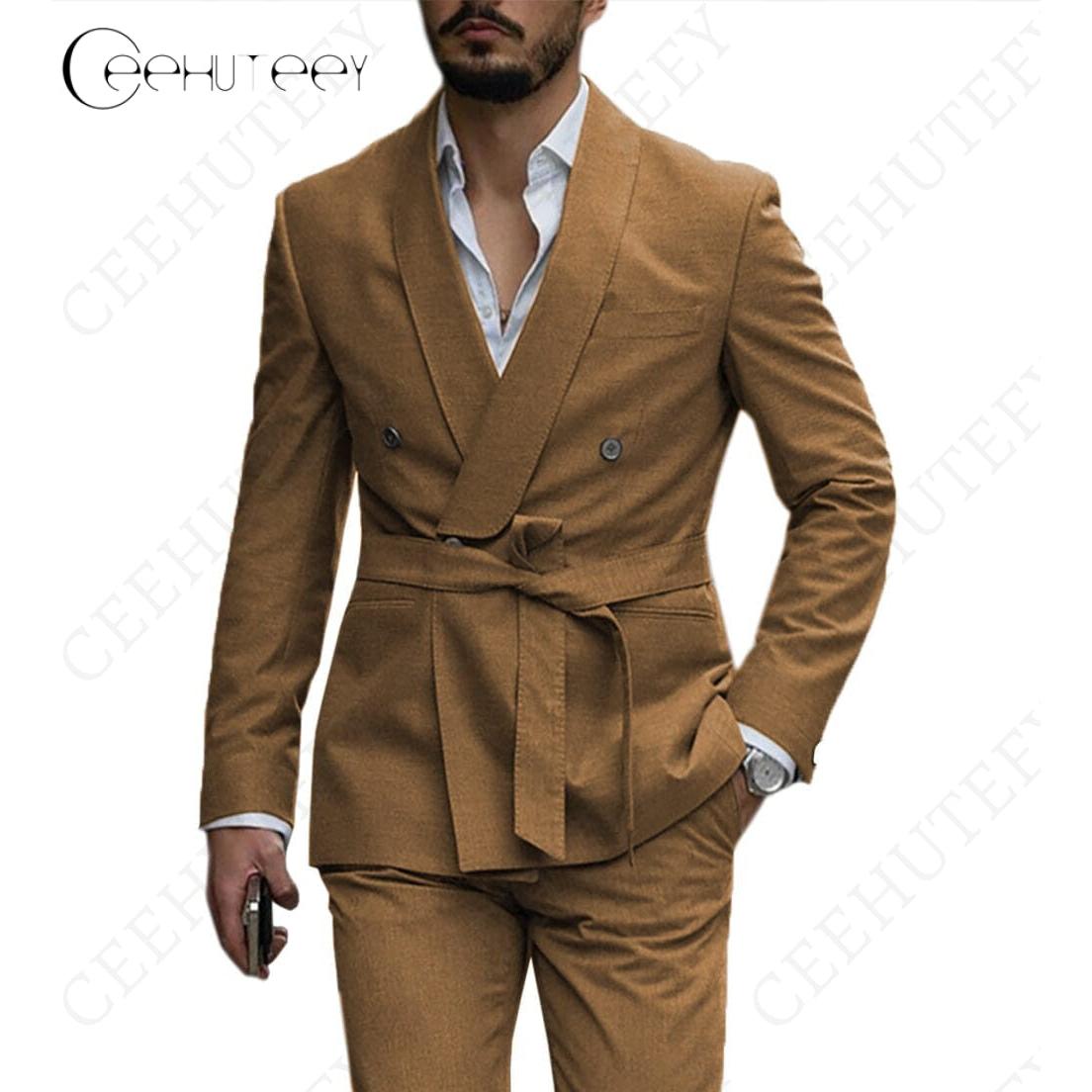 Ceehuteey Mens Suit Double Breasted Shawl Lapel Pieces Blazer+Pants - Brown R