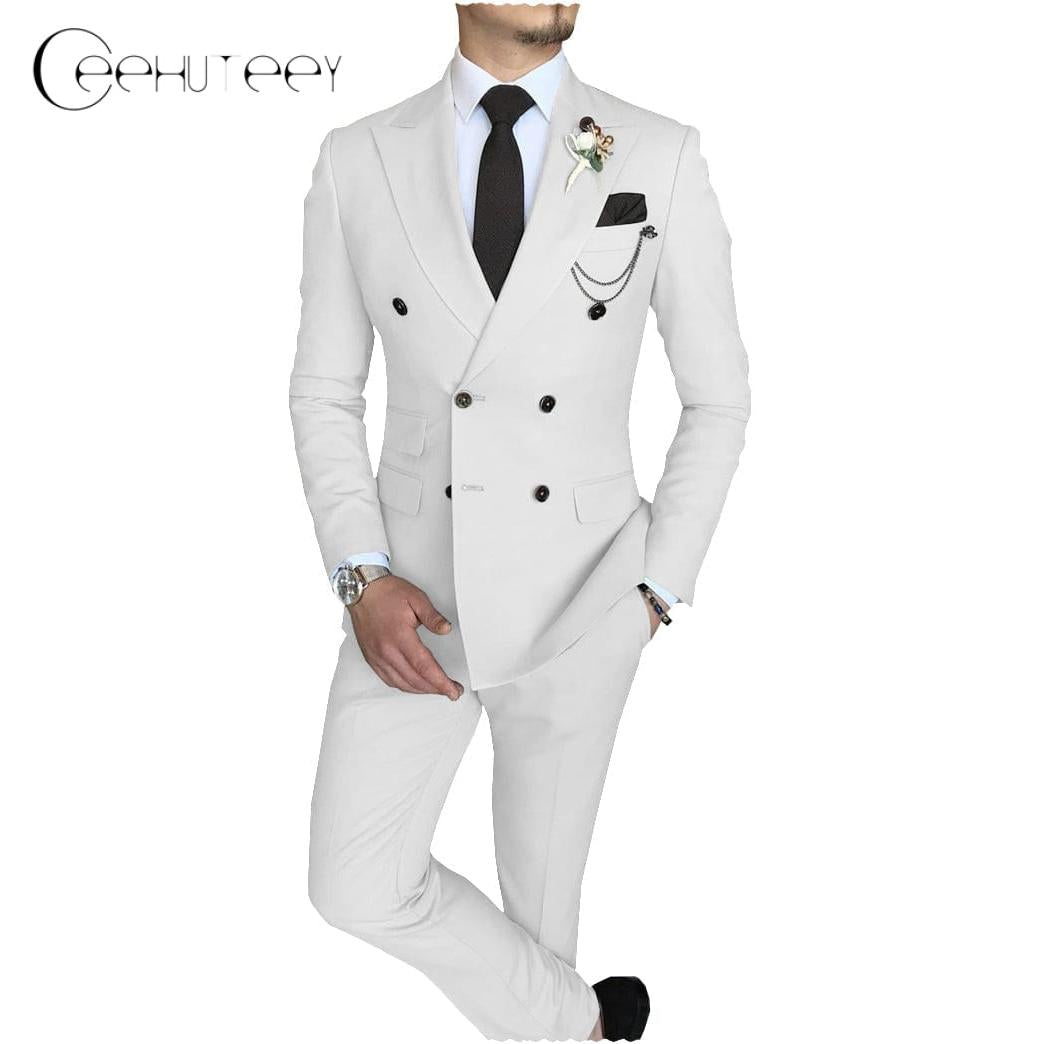 Ceehuteey Mens Piece Suit Double Breasted Peak Lapel Mens Coat Blazer+Pants - White R