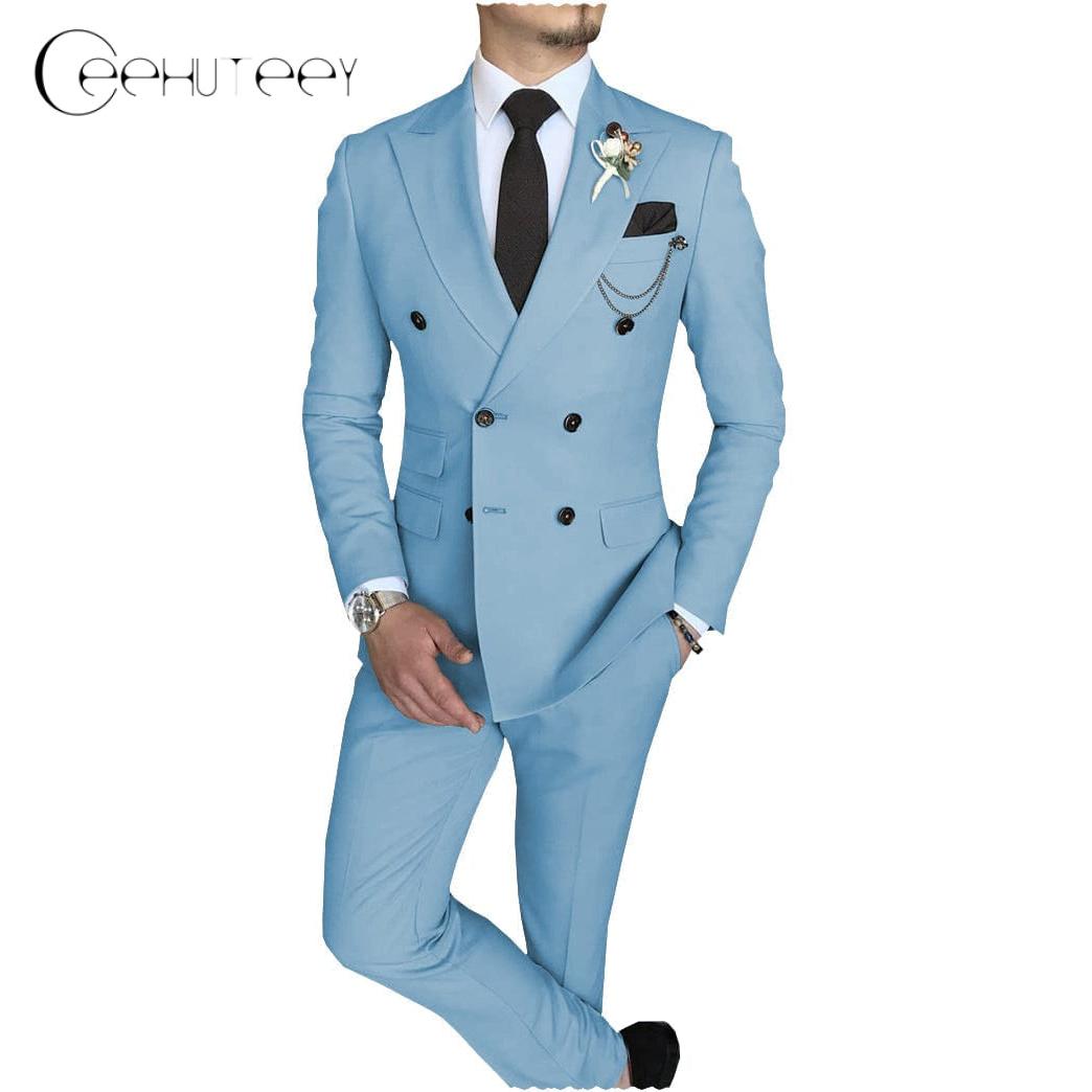 Ceehuteey Mens Piece Suit Double Breasted Peak Lapel Mens Coat Blazer+Pants - Light Blue R