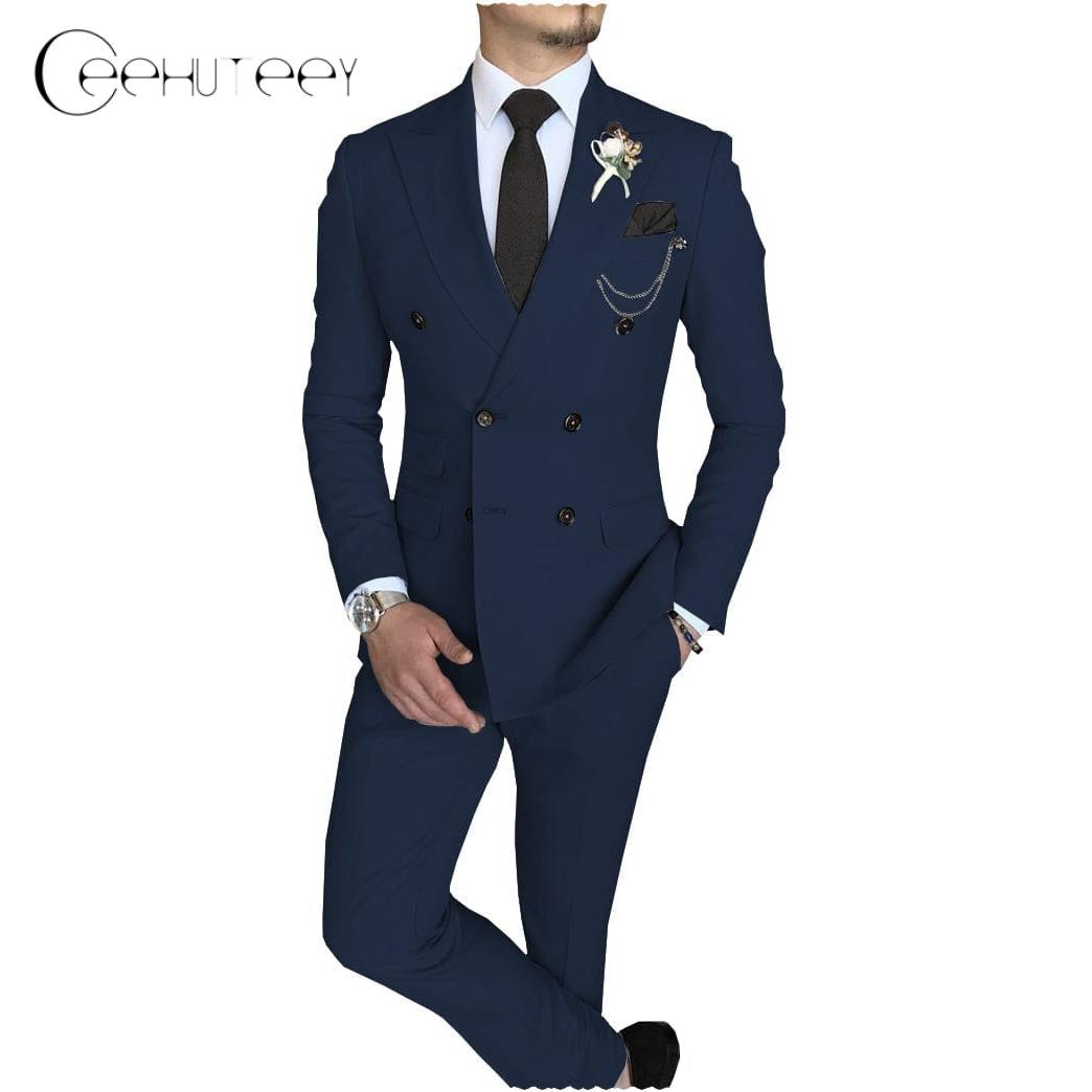 Ceehuteey Mens Piece Suit Double Breasted Peak Lapel Mens Coat Blazer+Pants - Navy R