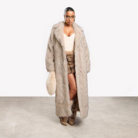 Oversized Maxi Coat In Stone Natural Look Faux Fur, Women's Size