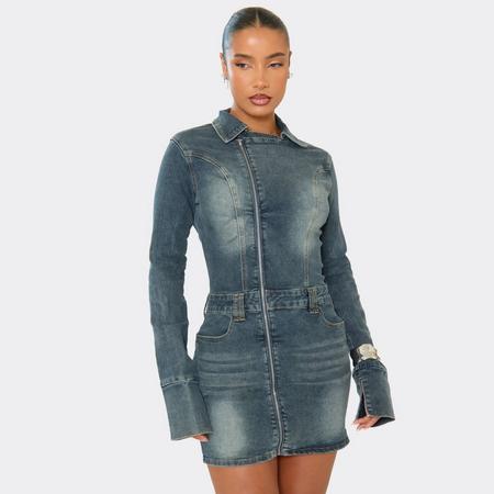 Long Sleeve Zip Detail Mini Dress In Washed Blue Denim, Women's Size