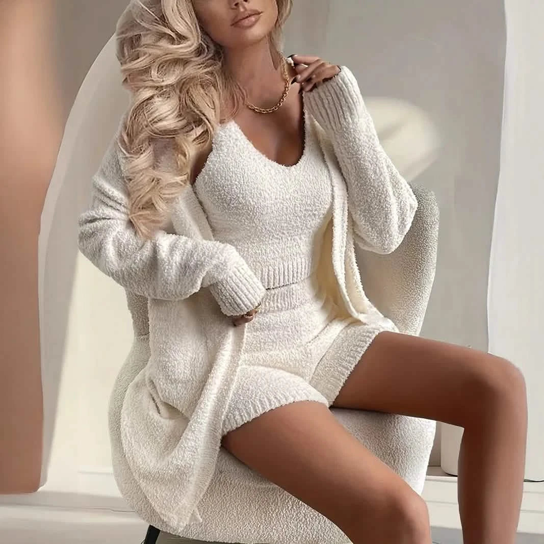 Cozy Women's Fleece Long Sleeve Cardigan Lounge Set, V Neck Tank Top and Shorts -