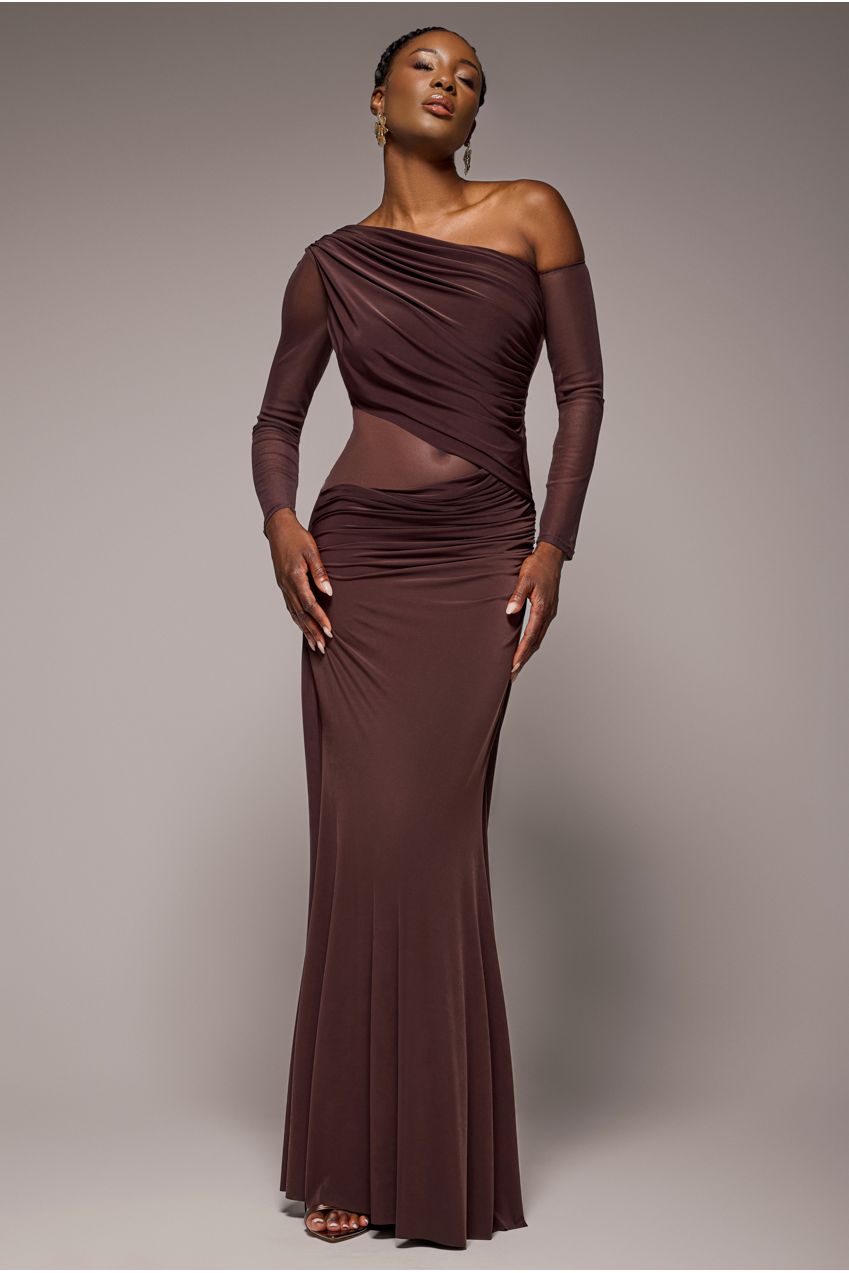 Goddiva Gathered Cowl Asymmetric Mesh And Soft Touch Maxi Dress