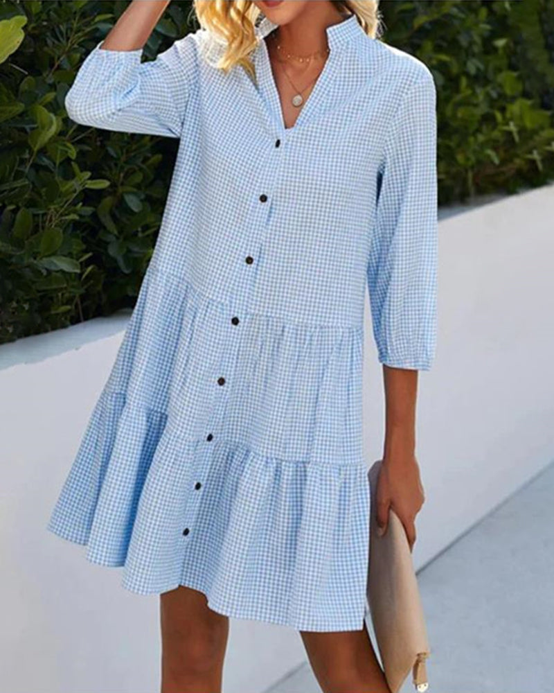Plaid Print Shirt Dresses Button Up Split Neck Tunic Dress - Blue S