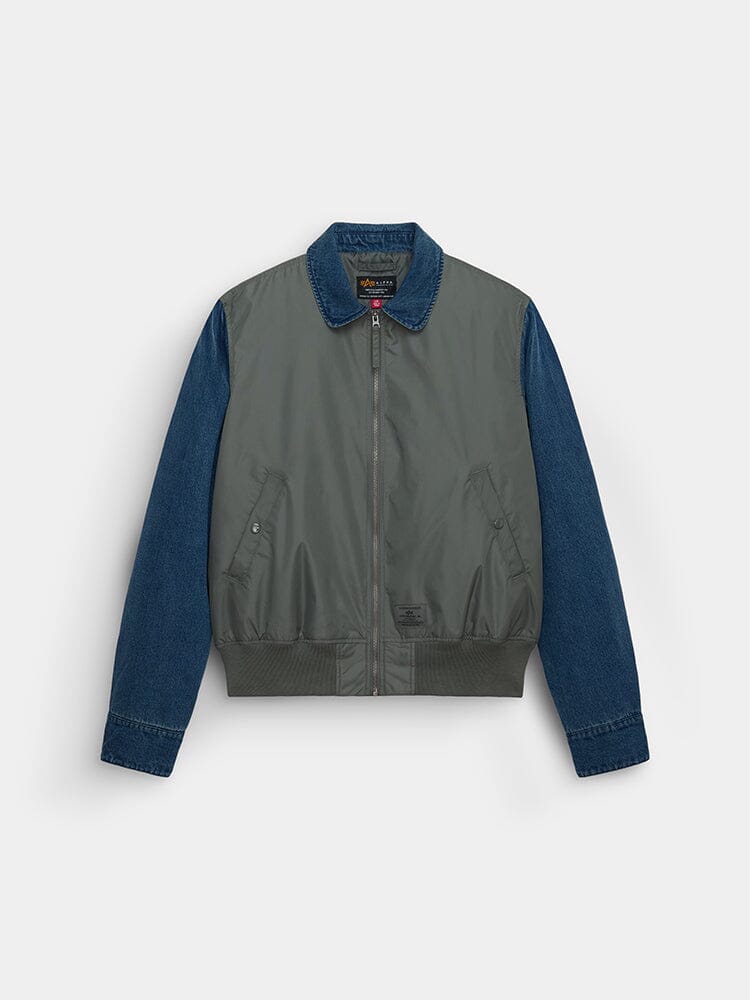 DENIM RELAXED MIXED MEDIA FLIGHT JACKET