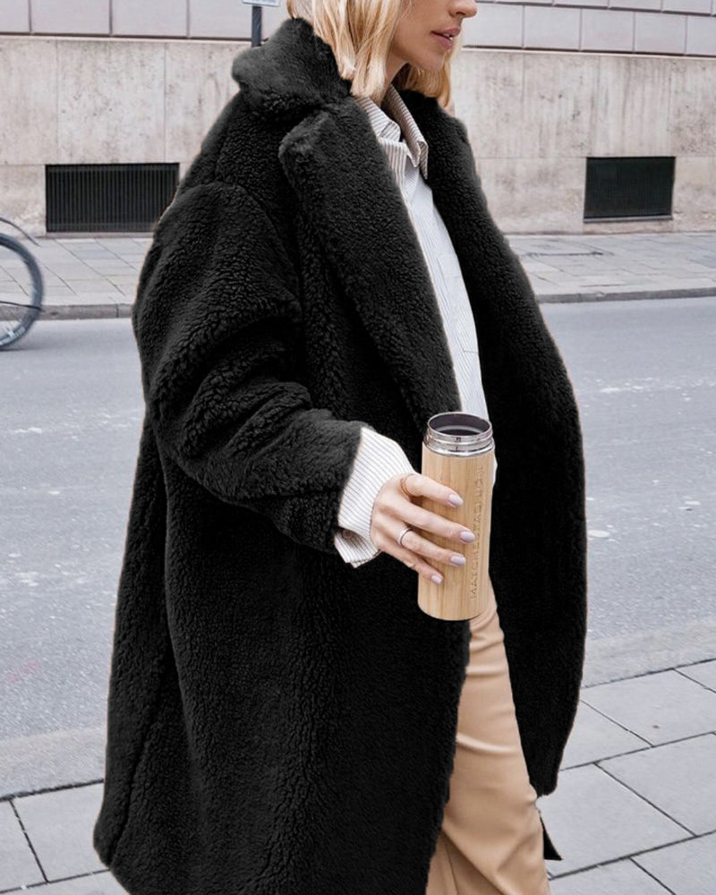 Faux Fur Plush Coat Open Front Solid Long Teddy Overcoat - Black S