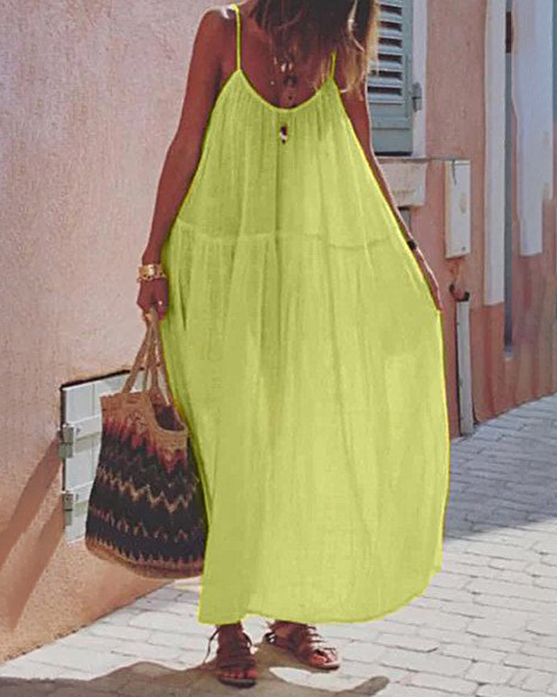 Zeagoo Women's Casual Thin Beach Dress Solid Color Loose Spaghetti Strap Swing Dress - Yellow L-