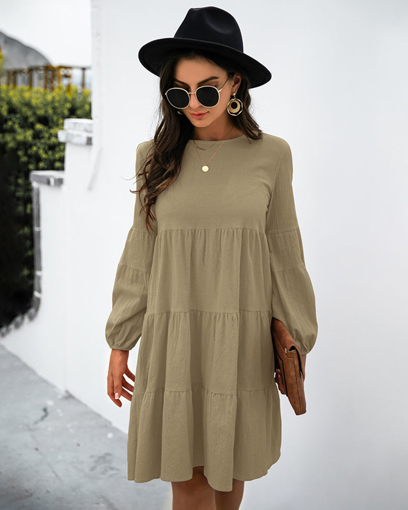Long Puff Sleeve Shirt Dress Casual Crewneck Loose Fit Sundress Trendy Tiered Layer Summer Mini Dresses - Army Green S