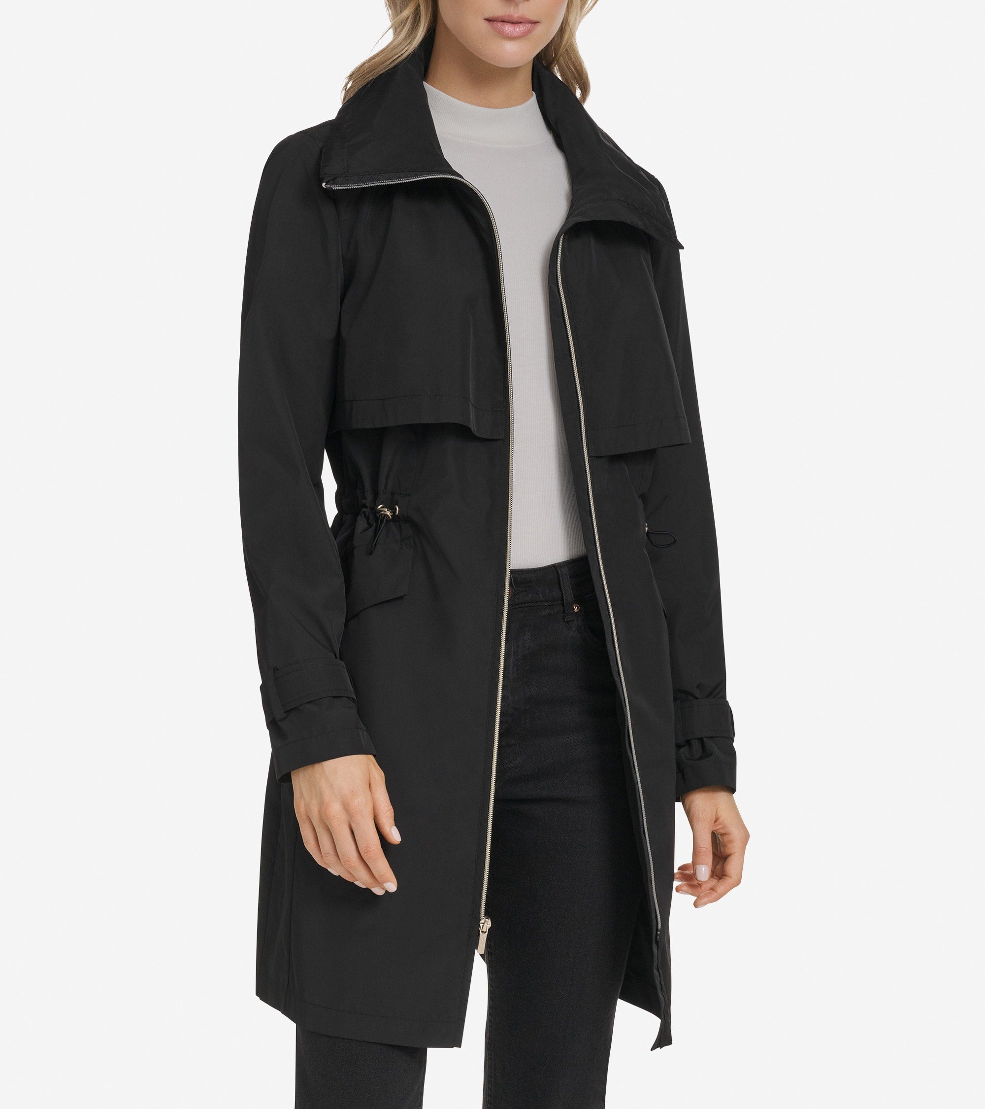 Cole Haan Women's Zip Up Trench Coat with Stow Away Hood - Black Size