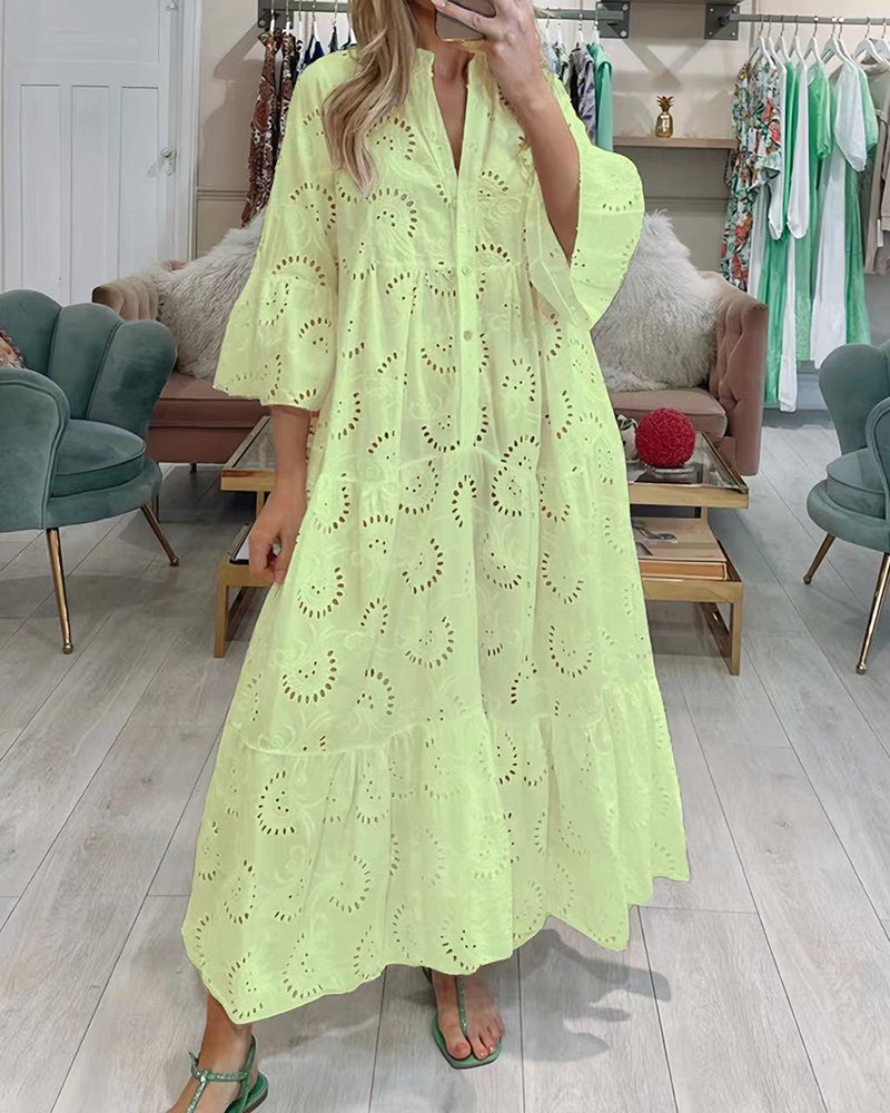 Loose Vintage Solid Color Hollow-out Lace Dress V-neck Flare Sleeve Embroidery Maxi Dress - Yellow