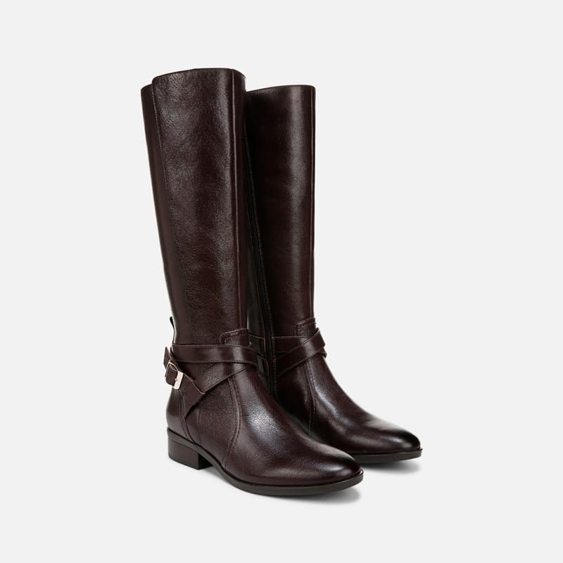 Naturalizer Rena Wide Calf Riding Boots, Brown Leather, .M Block Heels, Zip Closure