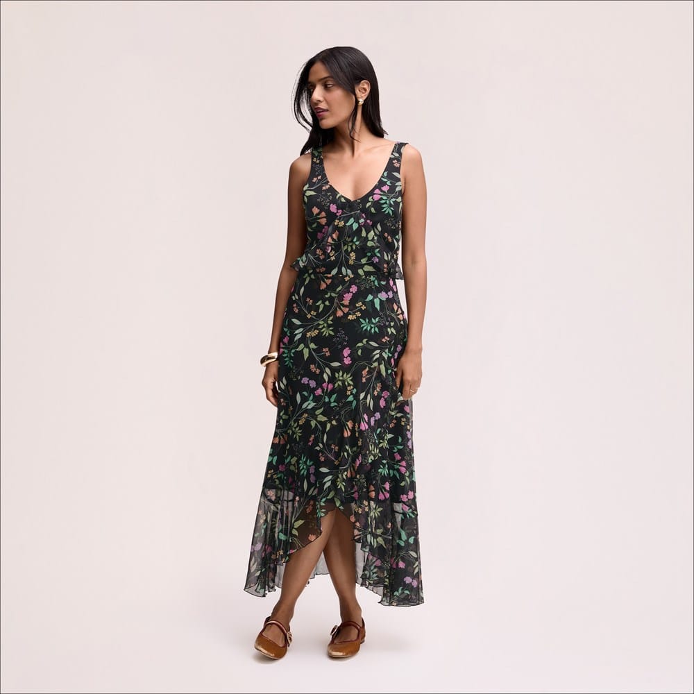 Ruffle Floral Maxi Dress Black Multi