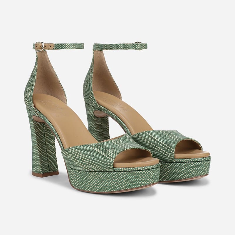 EDIT Delphie Dress Sandals, Green Multi Faux Raffia Satin, .W Almond Toe, Ankle Strap, Rubber Outsole