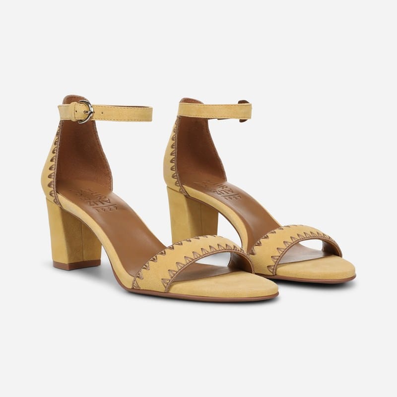 Naturalizer Vera Dress Sandals, Beehive Yellow Suede Fabric, .W Strappy Style, Open Toe, Block Heels, Ankle Strap