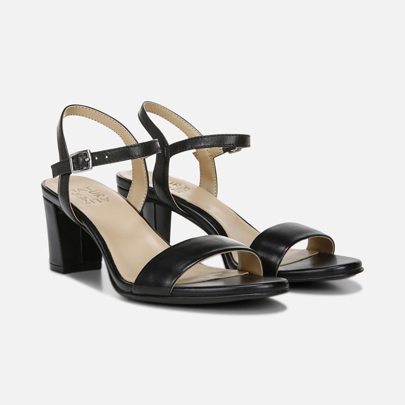 Naturalizer Bristol Dress Sandals, Black Synthetic Fabric, .W Almond Toe, Block Heels