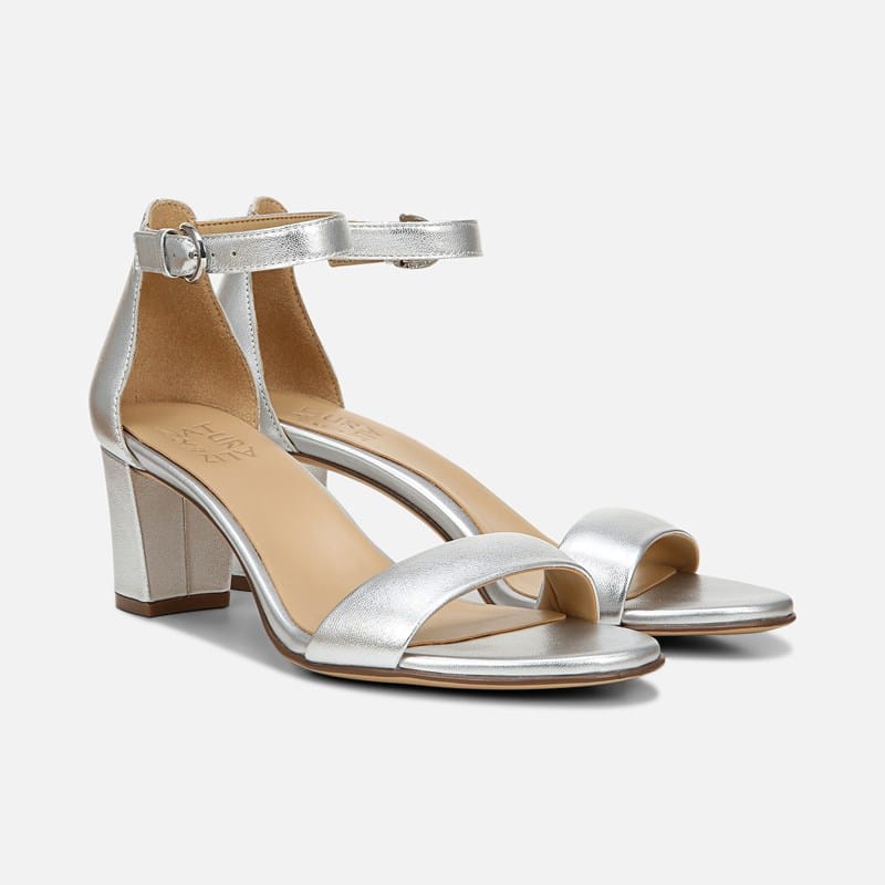 Naturalizer Vera Dress Sandals, Silver Leather Satin, .WW Almond Toe, Block Heels
