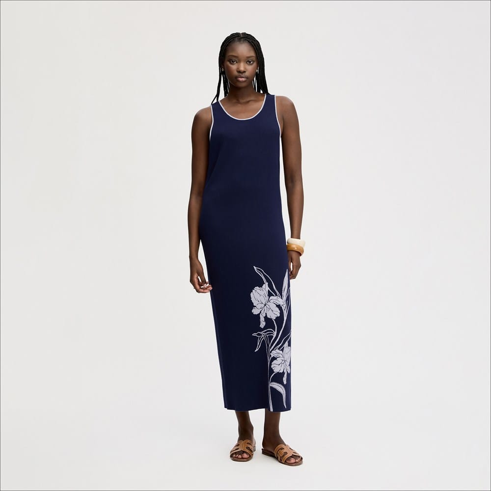 Knit Floral Maxi Dress Navy