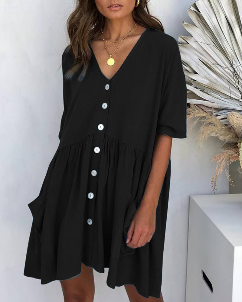 Half Sleeve Summer Shirt Dress V Neck Button Down Casual Loose Flowy Swing Mini Dress with Pockets - Black