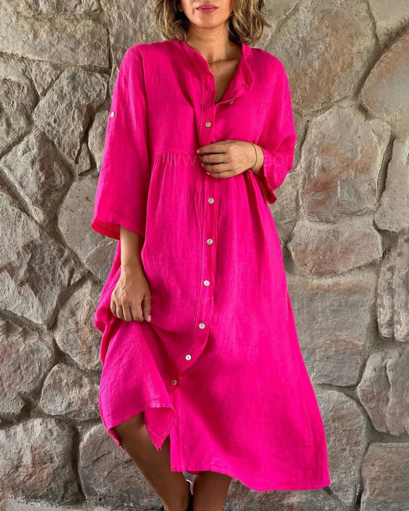 Single-breasted Button Long Dress Casual Sleeve Solid Loose Shirt Dress - Rose Red M